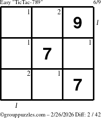 The grouppuzzles.com Easy TicTac-789 puzzle for Thursday February 26, 2026, suitable for printing, with all 2 steps marked