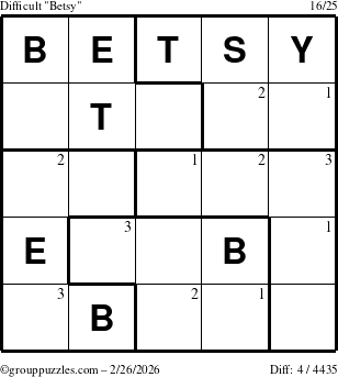 The grouppuzzles.com Difficult Betsy puzzle for Thursday February 26, 2026 with the first 3 steps marked