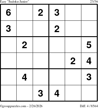 The grouppuzzles.com Easy Sudoku-Junior puzzle for Thursday February 26, 2026
