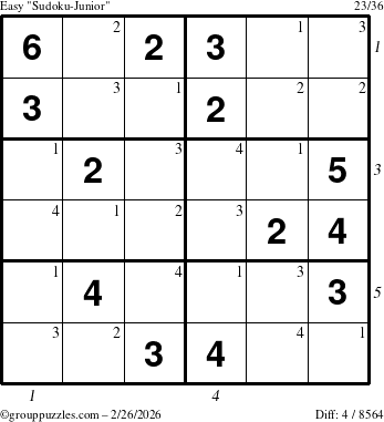 The grouppuzzles.com Easy Sudoku-Junior puzzle for Thursday February 26, 2026, suitable for printing, with all 4 steps marked