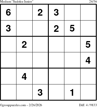 The grouppuzzles.com Medium Sudoku-Junior puzzle for Thursday February 26, 2026