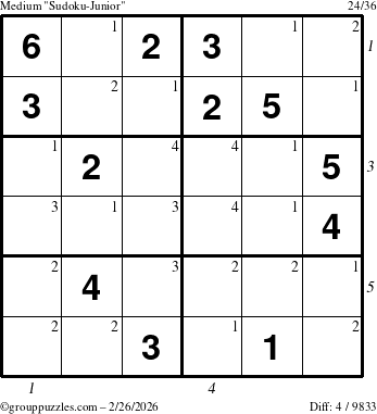 The grouppuzzles.com Medium Sudoku-Junior puzzle for Thursday February 26, 2026, suitable for printing, with all 4 steps marked