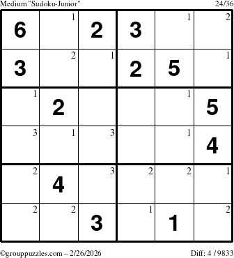 The grouppuzzles.com Medium Sudoku-Junior puzzle for Thursday February 26, 2026 with the first 3 steps marked