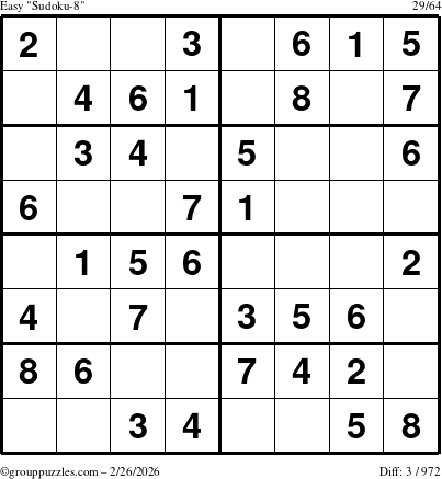 The grouppuzzles.com Easy Sudoku-8 puzzle for Thursday February 26, 2026