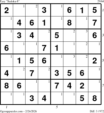 The grouppuzzles.com Easy Sudoku-8 puzzle for Thursday February 26, 2026, suitable for printing, with all 3 steps marked