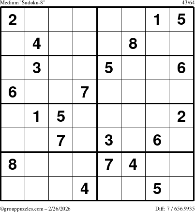 The grouppuzzles.com Medium Sudoku-8 puzzle for Thursday February 26, 2026
