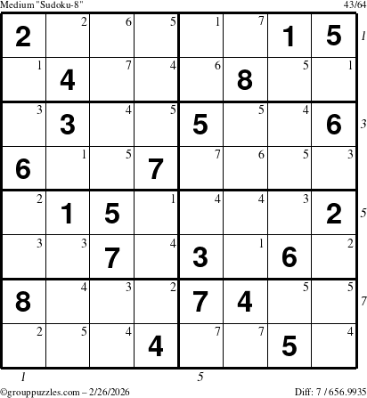 The grouppuzzles.com Medium Sudoku-8 puzzle for Thursday February 26, 2026, suitable for printing, with all 7 steps marked