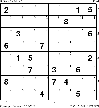 The grouppuzzles.com Difficult Sudoku-8 puzzle for Thursday February 26, 2026 with all 12 steps marked