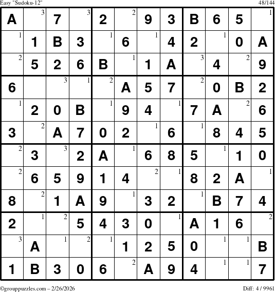 The grouppuzzles.com Easy Sudoku-12 puzzle for Thursday February 26, 2026 with the first 3 steps marked
