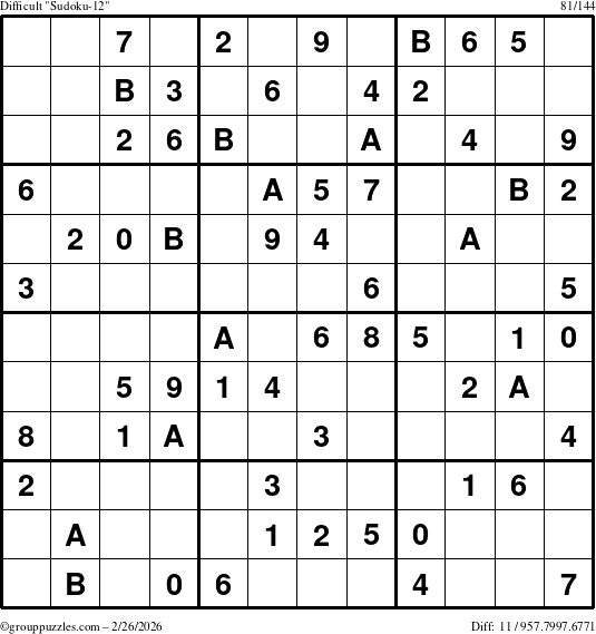 The grouppuzzles.com Difficult Sudoku-12 puzzle for Thursday February 26, 2026