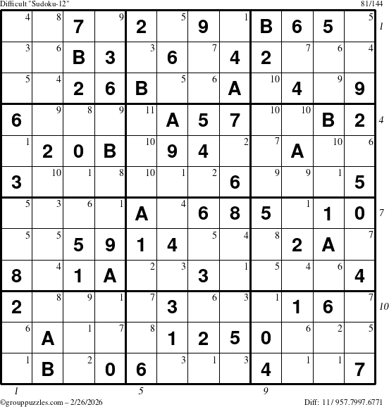 The grouppuzzles.com Difficult Sudoku-12 puzzle for Thursday February 26, 2026 with all 11 steps marked