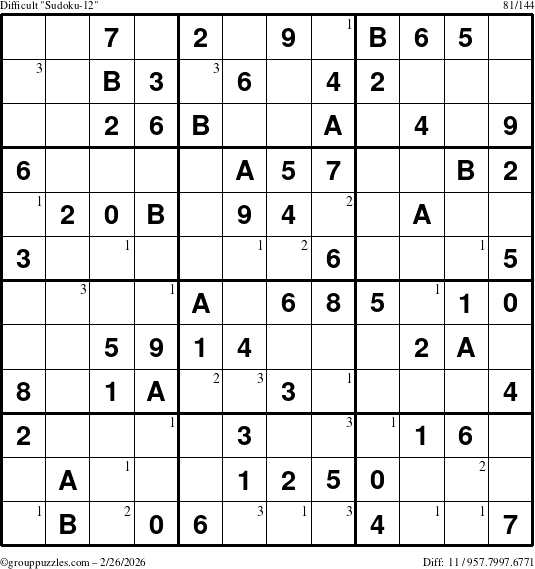 The grouppuzzles.com Difficult Sudoku-12 puzzle for Thursday February 26, 2026 with the first 3 steps marked