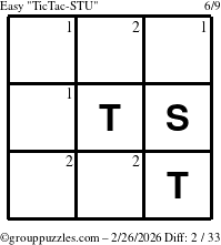 The grouppuzzles.com Easy TicTac-STU puzzle for Thursday February 26, 2026 with the first 2 steps marked