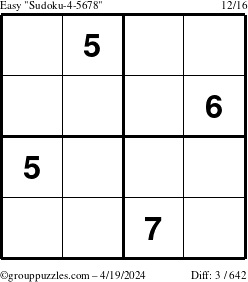 The grouppuzzles.com Easy Sudoku-4-5678 puzzle for Friday April 19, 2024