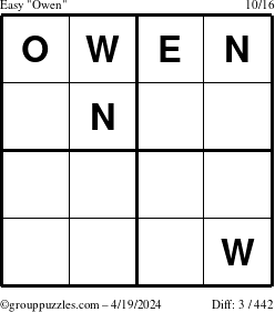 The grouppuzzles.com Easy Owen puzzle for Friday April 19, 2024