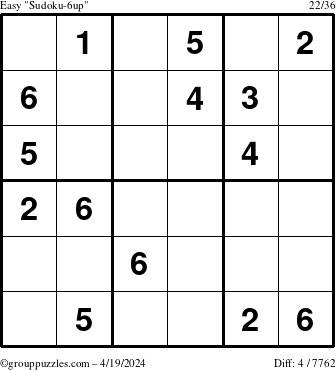 The grouppuzzles.com Easy Sudoku-6up puzzle for Friday April 19, 2024