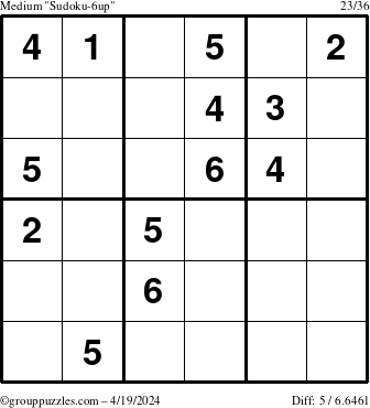 The grouppuzzles.com Medium Sudoku-6up puzzle for Friday April 19, 2024