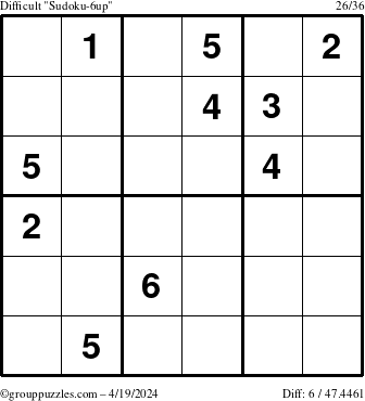 The grouppuzzles.com Difficult Sudoku-6up puzzle for Friday April 19, 2024