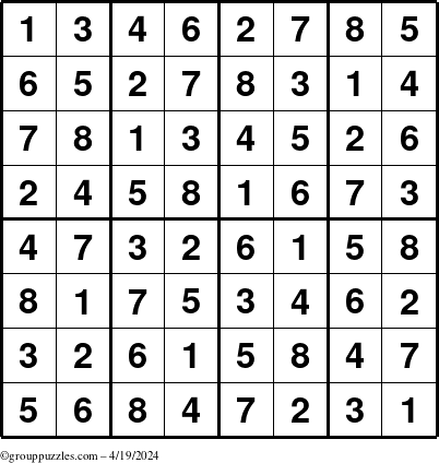 The grouppuzzles.com Answer grid for the Sudoku-8up puzzle for Friday April 19, 2024