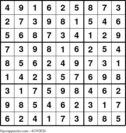 The grouppuzzles.com Answer grid for the Sudoku puzzle for Friday April 19, 2024