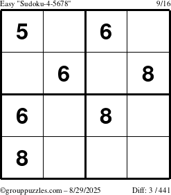The grouppuzzles.com Easy Sudoku-4-5678 puzzle for Friday August 29, 2025