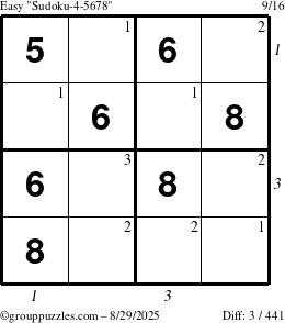 The grouppuzzles.com Easy Sudoku-4-5678 puzzle for Friday August 29, 2025 with all 3 steps marked