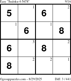 The grouppuzzles.com Easy Sudoku-4-5678 puzzle for Friday August 29, 2025 with the first 3 steps marked