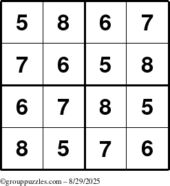 The grouppuzzles.com Answer grid for the Sudoku-4-5678 puzzle for Friday August 29, 2025