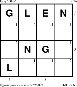 The grouppuzzles.com Easy Glen puzzle for Friday August 29, 2025 with all 2 steps marked