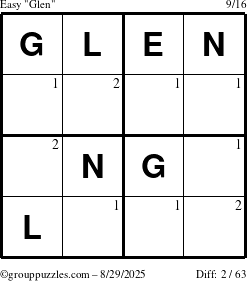 The grouppuzzles.com Easy Glen puzzle for Friday August 29, 2025 with the first 2 steps marked