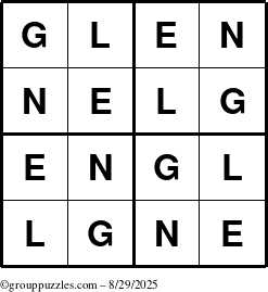 The grouppuzzles.com Answer grid for the Glen puzzle for Friday August 29, 2025