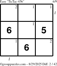 The grouppuzzles.com Easy TicTac-456 puzzle for Friday August 29, 2025, suitable for printing, with all 2 steps marked