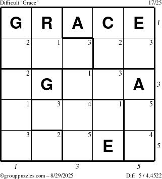 The grouppuzzles.com Difficult Grace puzzle for Friday August 29, 2025, suitable for printing, with all 5 steps marked