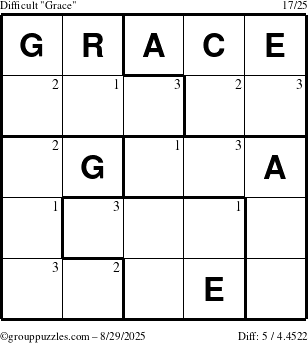 The grouppuzzles.com Difficult Grace puzzle for Friday August 29, 2025 with the first 3 steps marked