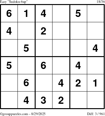 The grouppuzzles.com Easy Sudoku-6up puzzle for Friday August 29, 2025
