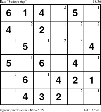 The grouppuzzles.com Easy Sudoku-6up puzzle for Friday August 29, 2025 with the first 3 steps marked