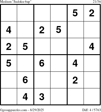 The grouppuzzles.com Medium Sudoku-6up puzzle for Friday August 29, 2025