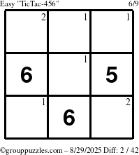 The grouppuzzles.com Easy TicTac-456 puzzle for Friday August 29, 2025 with the first 2 steps marked