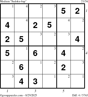 The grouppuzzles.com Medium Sudoku-6up puzzle for Friday August 29, 2025, suitable for printing, with all 4 steps marked