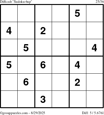 The grouppuzzles.com Difficult Sudoku-6up puzzle for Friday August 29, 2025