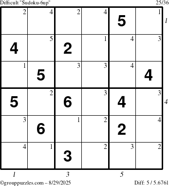 The grouppuzzles.com Difficult Sudoku-6up puzzle for Friday August 29, 2025 with all 5 steps marked