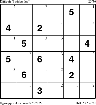 The grouppuzzles.com Difficult Sudoku-6up puzzle for Friday August 29, 2025 with the first 3 steps marked