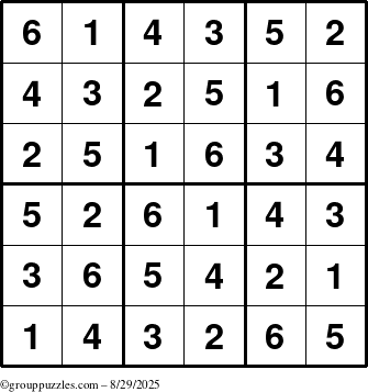 The grouppuzzles.com Answer grid for the Sudoku-6up puzzle for Friday August 29, 2025