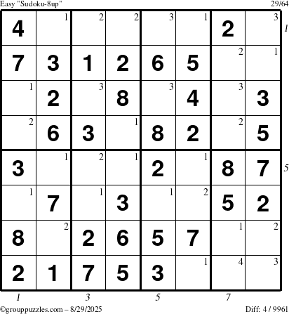 The grouppuzzles.com Easy Sudoku-8up puzzle for Friday August 29, 2025 with all 4 steps marked