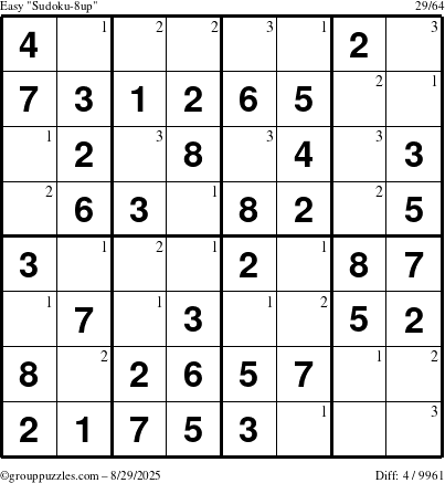 The grouppuzzles.com Easy Sudoku-8up puzzle for Friday August 29, 2025 with the first 3 steps marked