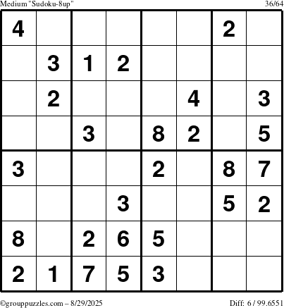 The grouppuzzles.com Medium Sudoku-8up puzzle for Friday August 29, 2025