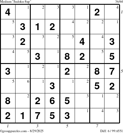 The grouppuzzles.com Medium Sudoku-8up puzzle for Friday August 29, 2025 with all 6 steps marked