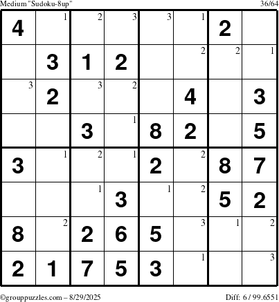 The grouppuzzles.com Medium Sudoku-8up puzzle for Friday August 29, 2025 with the first 3 steps marked