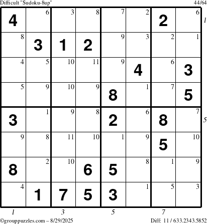 The grouppuzzles.com Difficult Sudoku-8up puzzle for Friday August 29, 2025 with all 11 steps marked