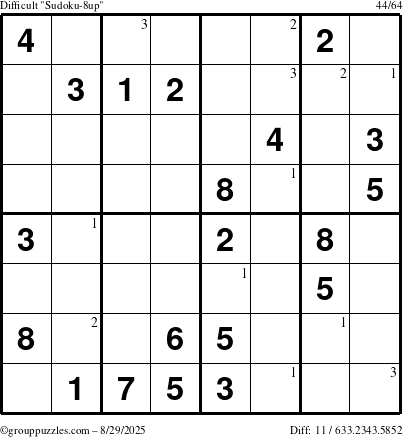The grouppuzzles.com Difficult Sudoku-8up puzzle for Friday August 29, 2025 with the first 3 steps marked